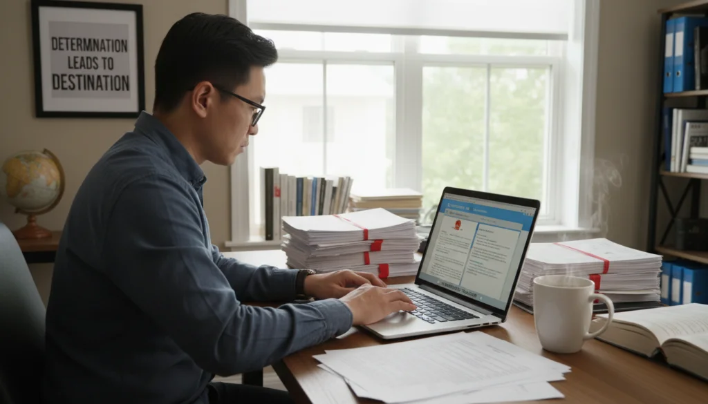 A person translating Chinese documents with a laptop and paperwork on a desk.