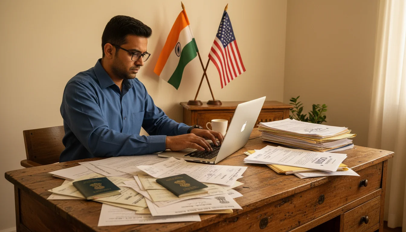 A person translating documents with an Indian flag and US flag in the background.