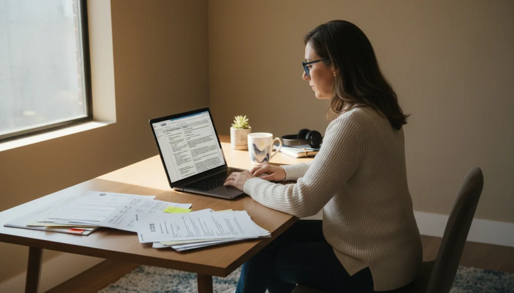 A professional translator working on Mexican documents with USCIS forms and a laptop.