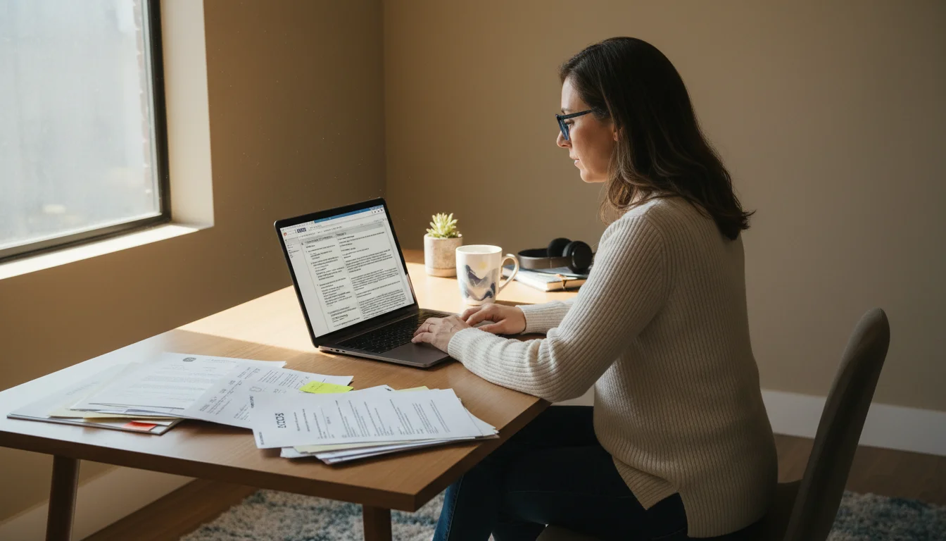 A professional translator working on Mexican documents with USCIS forms and a laptop.