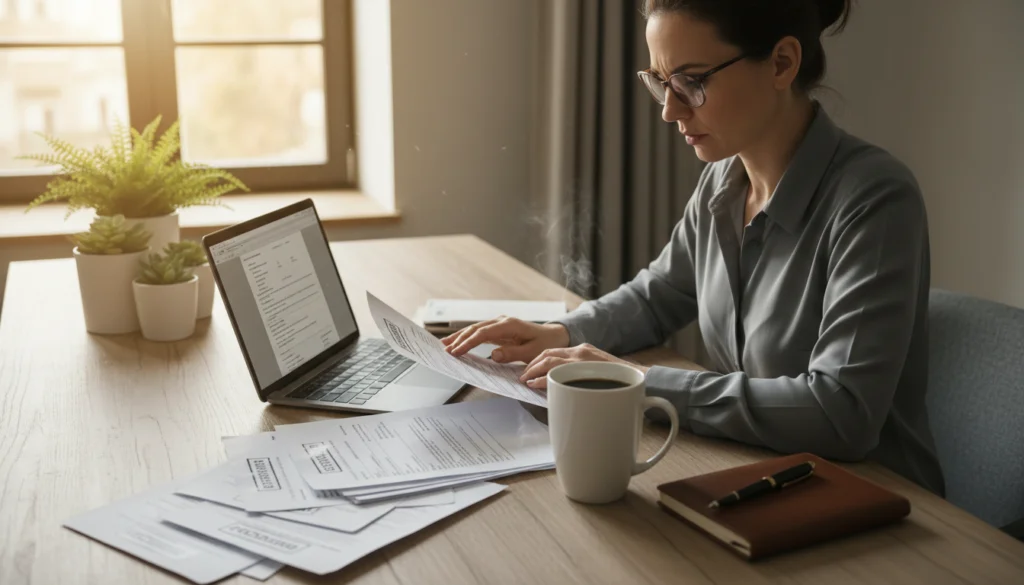 A professional translator working on mortgage documents with a laptop and paperwork.