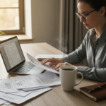 A professional translator working on mortgage documents with a laptop and paperwork.