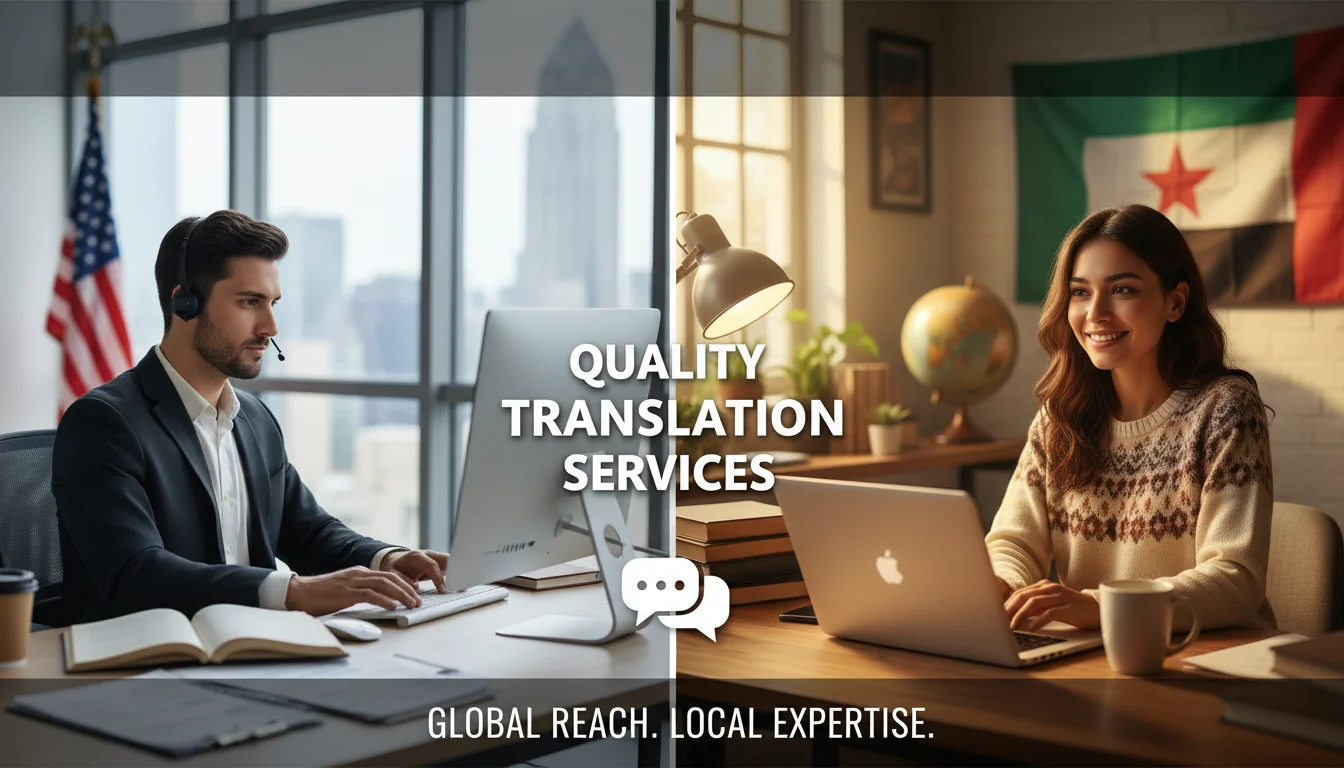 A split image showing a US translator and an overseas translator at work, with flags in the background.