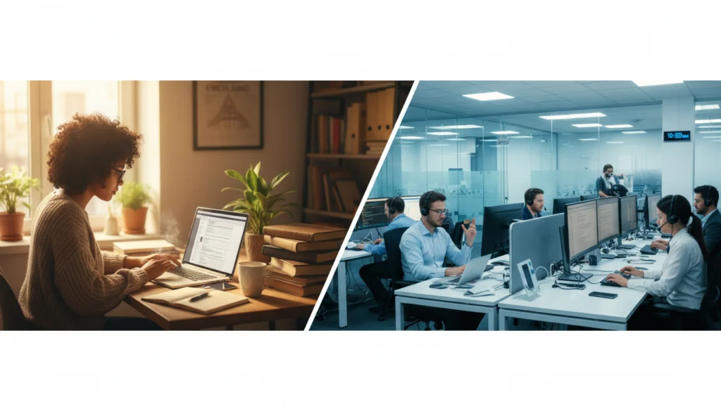 A split image showing a professional translator at a desk and a busy translation agency office.