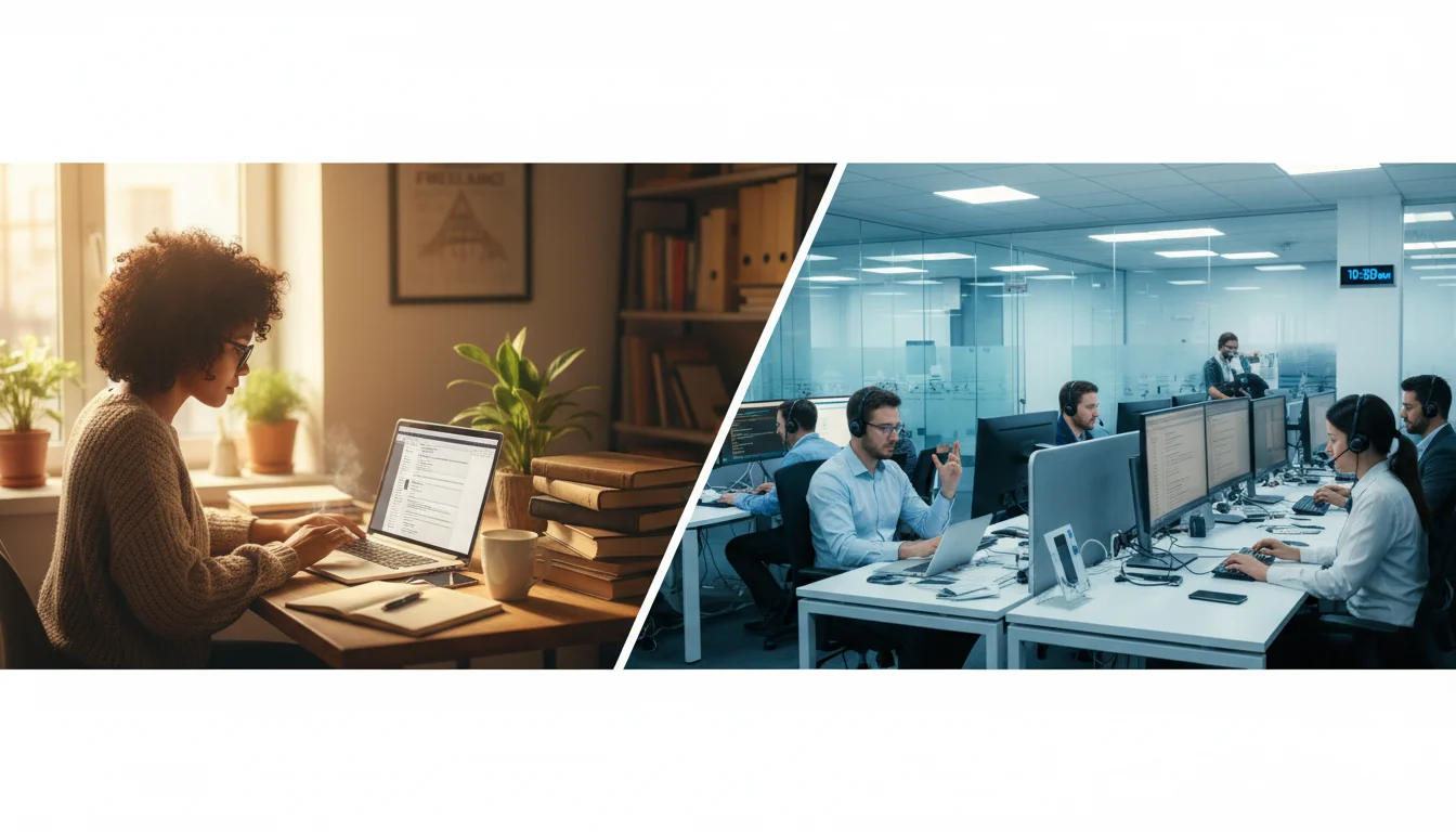 A split image showing a professional translator at a desk and a busy translation agency office.