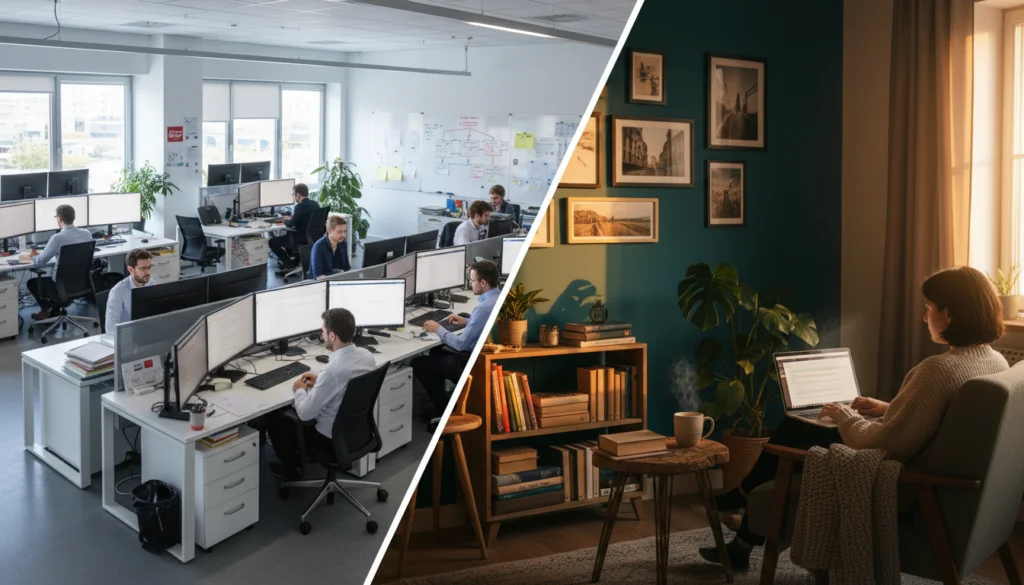 A split image showing a translation agency office and a freelance translator working at home.