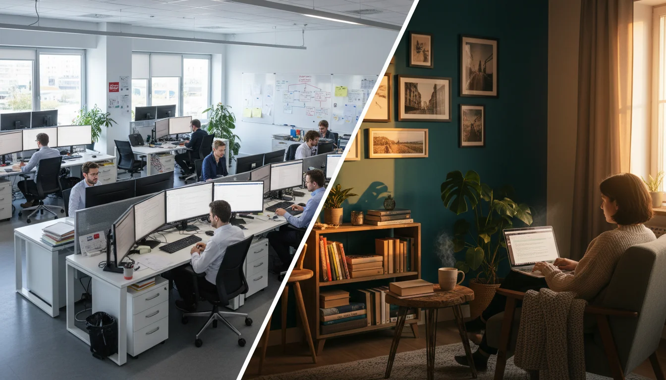 A split image showing a translation agency office and a freelance translator working at home.