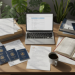 A stack of Philippine immigration documents with a translator's tools, like a laptop and dictionary.