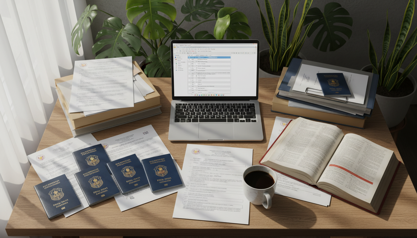 A stack of Philippine immigration documents with a translator's tools, like a laptop and dictionary.