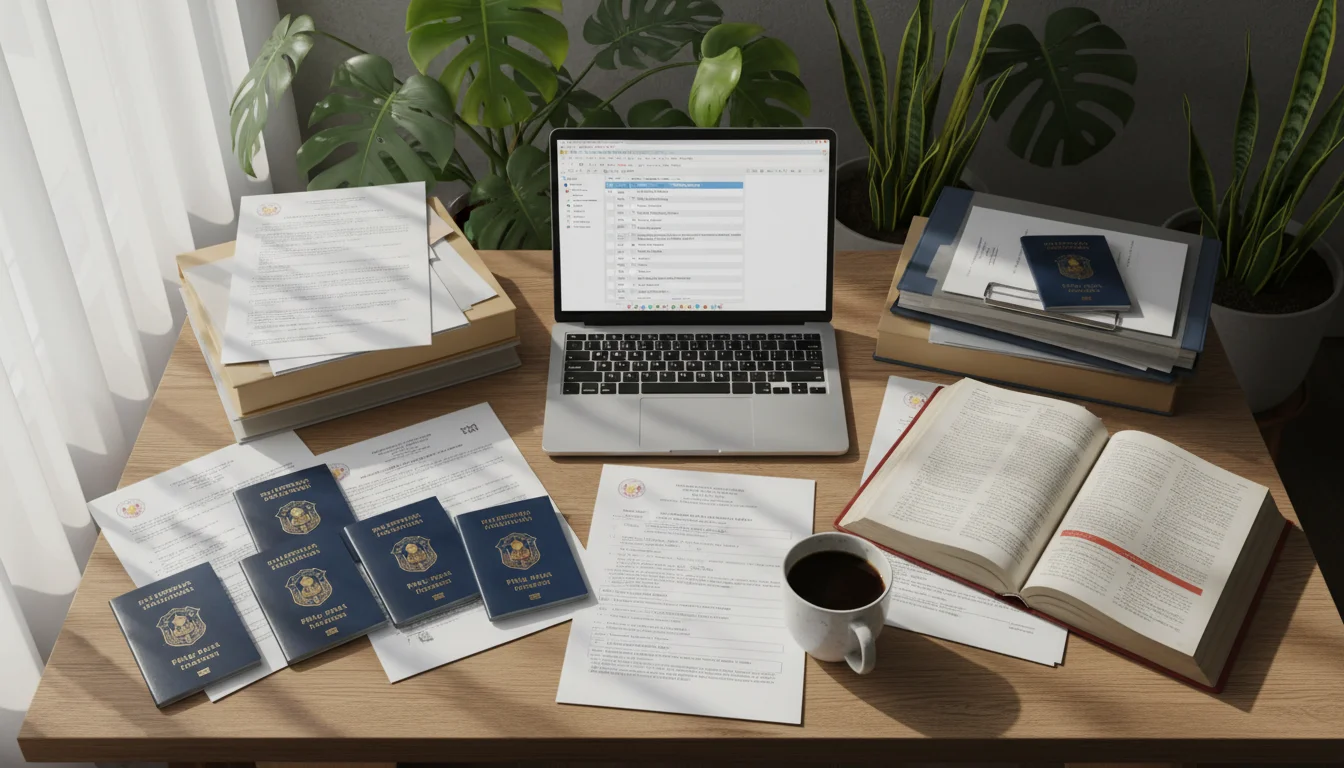 A stack of Philippine immigration documents with a translator's tools, like a laptop and dictionary.