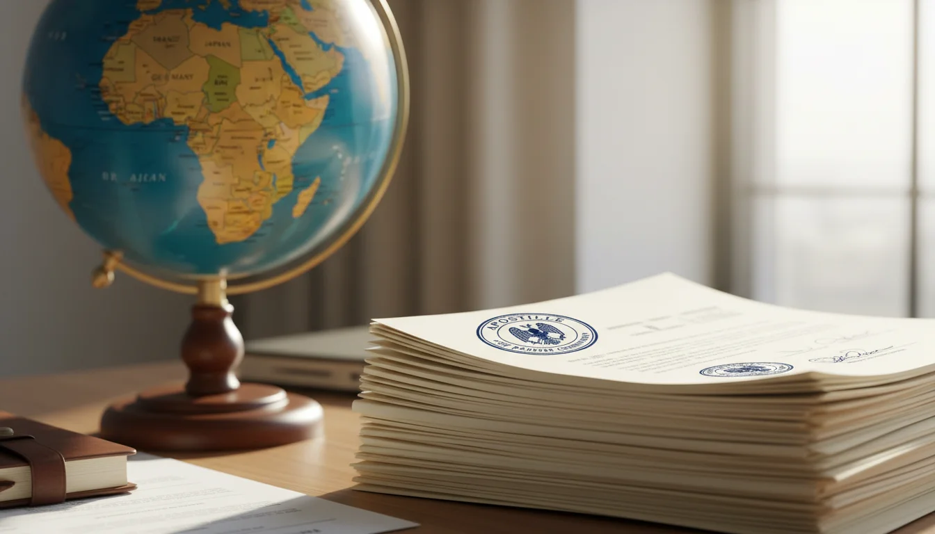 A stack of documents with an apostille stamp and a globe in the background.