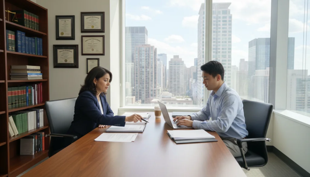 An immigration attorney discussing documents with a translator in a professional office setting.