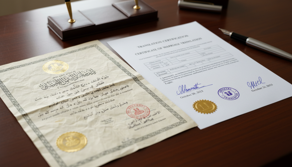 Certified English translation of a foreign marriage certificate with signed certification