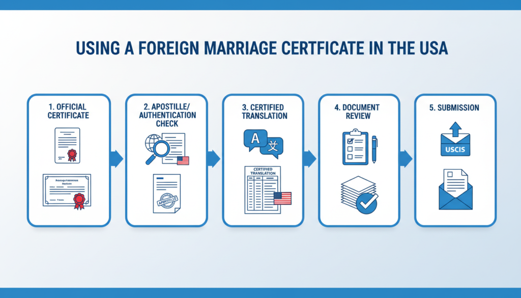 Five step process for validating a foreign marriage certificate in the USA