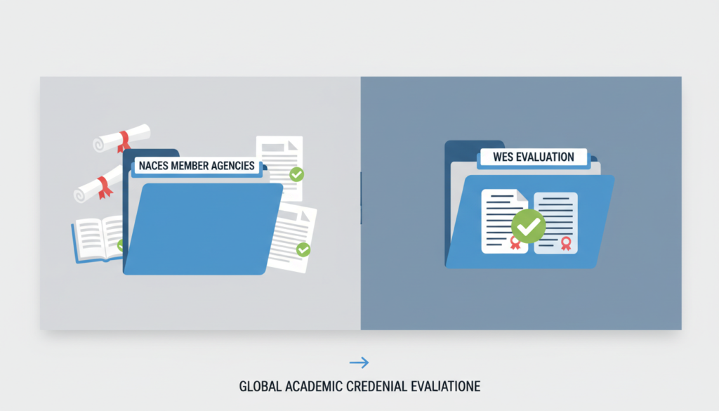 NACES vs WES credential evaluation comparison with academic documents and report folders